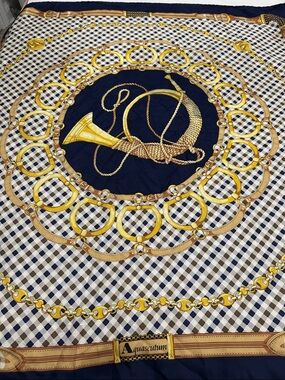 Aquascutum London Navy and Gold Equestrian Print Silk Scarf